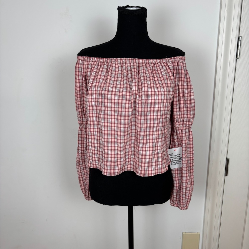 TOPSHOP Pink Plaid Off The‎ Shoulder Long Sleeve Crop Top Shirt Women US 4